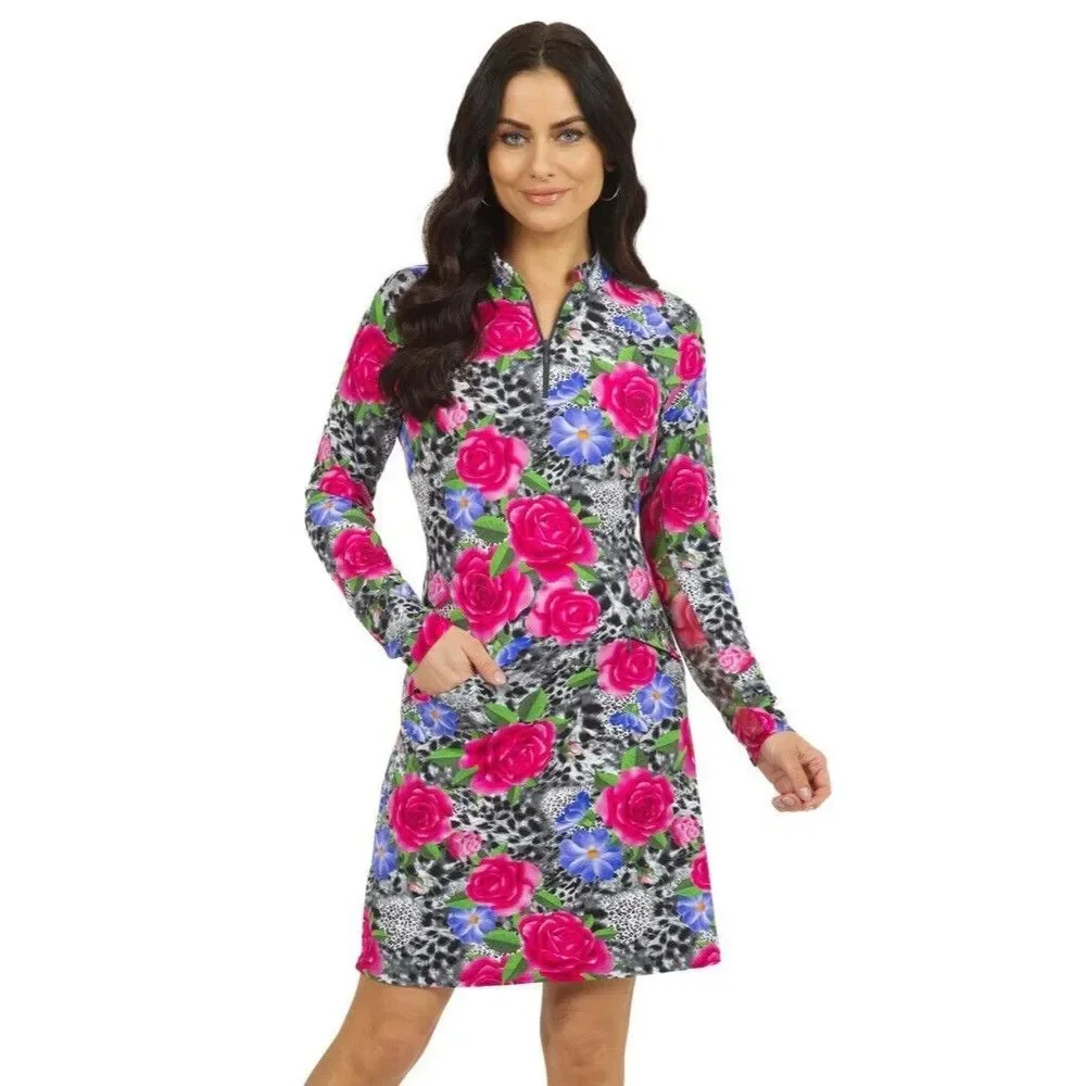 IBKUL Jovana Mock Neck Long Sleeve Dress S L Black/Watermelon Golf NWT